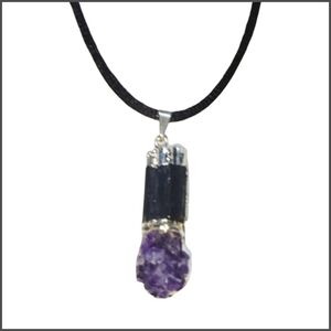 Natural Amethyst & Black Raw Stone Pendant | Adjustable Black Cord Necklace